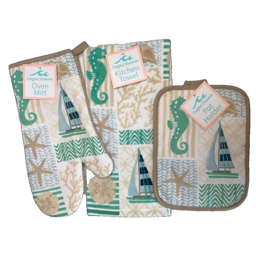 Seahorse Sailboat Dish Towel Oven Mitt Potholder Set of 3 Beach Summer House